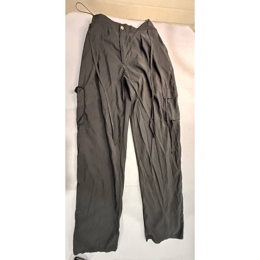 PrettyLittleThing Black Cargo Pants High Waisted Toggle Utility Trousers Size 14